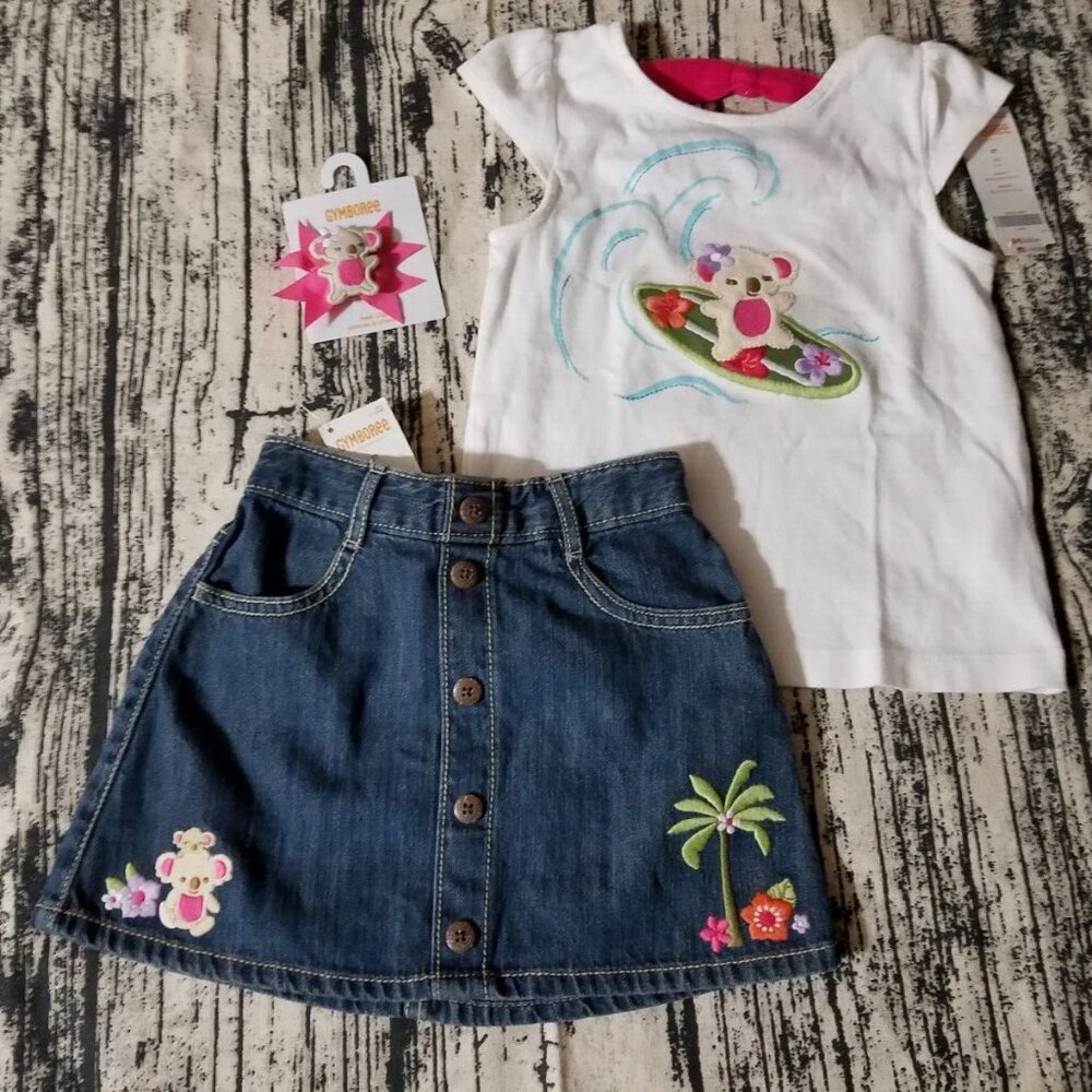 Gymboree Surf Adventure 4T Koala Shirt Skirt Hair Clip Outfit NWT